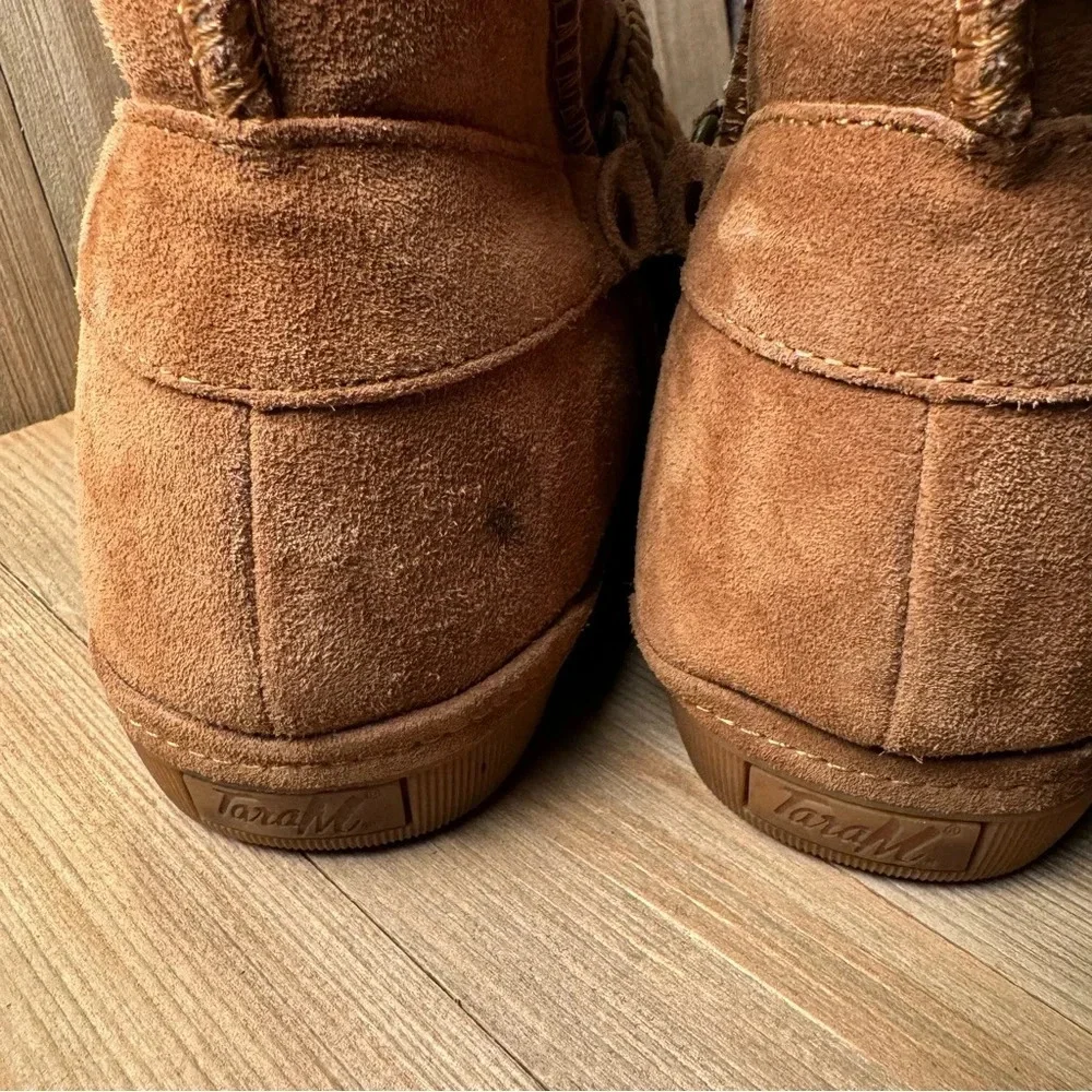 Suede Wool Lined Mid-Calf Boots Tan Ankle Strap Accent‎ size 9 Cozy Tara M Zoe